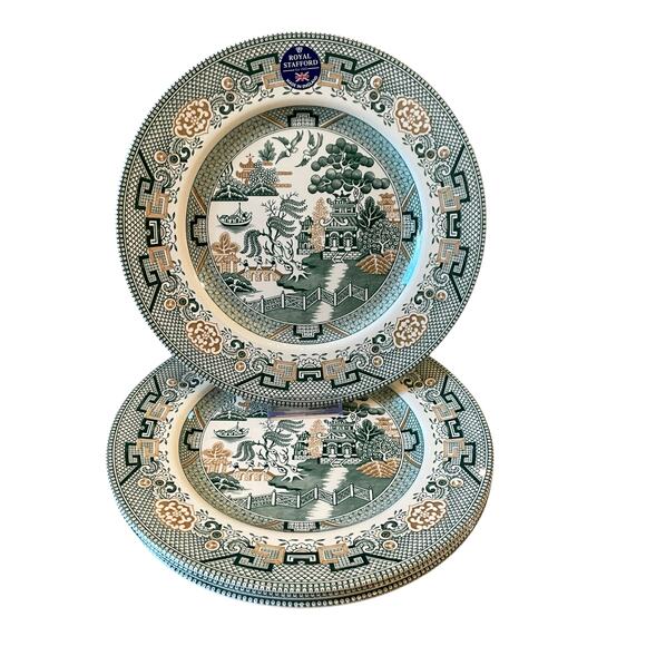 Royal Stafford Dinner Plates 11in Green & Gold Willow Pagoda Set of 4 New - Picture 12 of 16